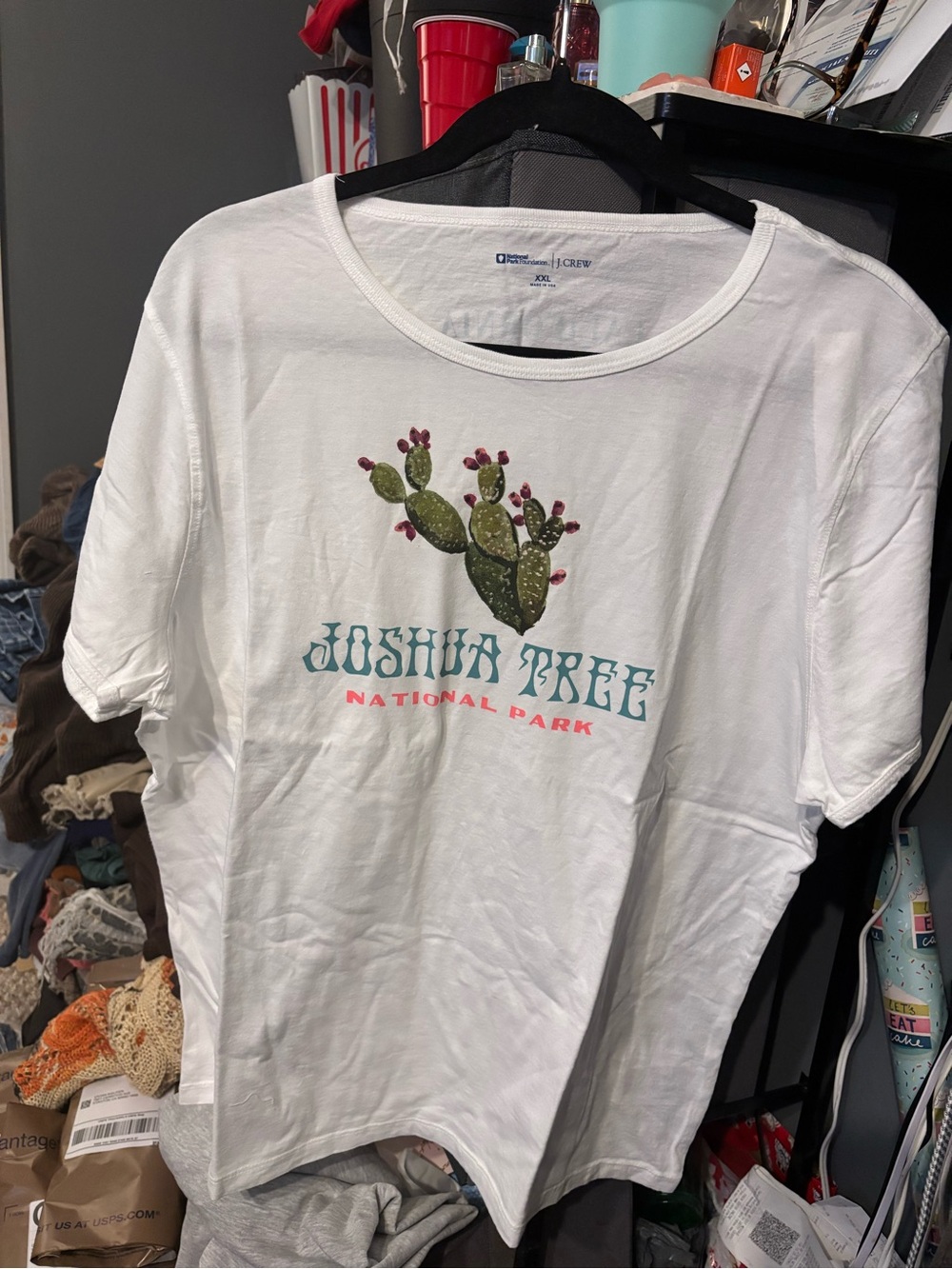J. Crew White Tee with Green Cactus and Pink Blooms